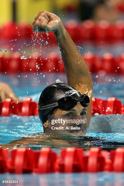 Dara Torres celebrates winning the semifinal of the 50 meter freestyle and setting a new American record of 24.38 during the U.S. Swimming Olympic...