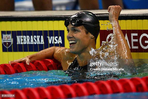 Dara Torres celebrates winning the semifinal of the 50 meter freestyle and setting a new American record of 24.38 during the U.S. Swimming Olympic...