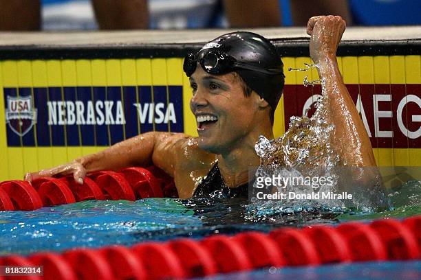 Dara Torres celebrates winning the semifinal of the 50 meter freestyle and setting a new American record of 24.38 during the U.S. Swimming Olympic...