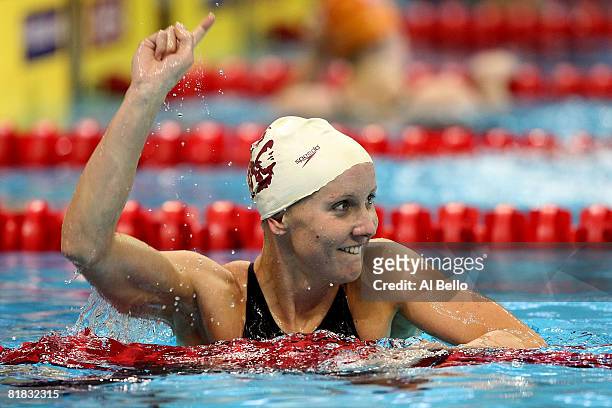 Jessica Hardy celebrates winning the semifinal of the 50 meter freestyle and setting a new American record of 24.48 during the U.S. Swimming Olympic...