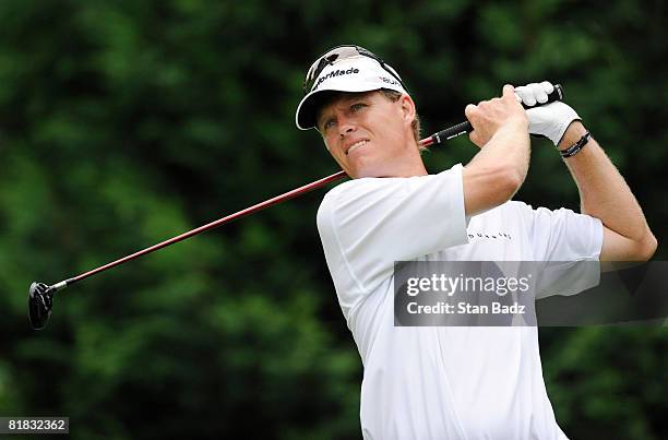 John Senden hits from the sixth tee box during the third round of the AT&T National held on the Blue Golf Course at Congressional Country Club on...