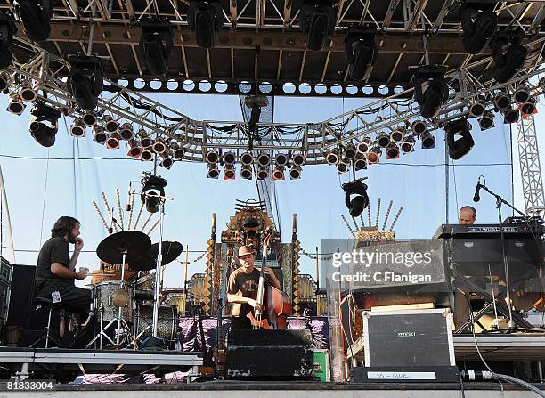 Drummer Billy Martin, Bassist Chris Wood and Keyboardist John Medeski, collectively known as Medeski Martin & Wood perform during the Rothbury Music...