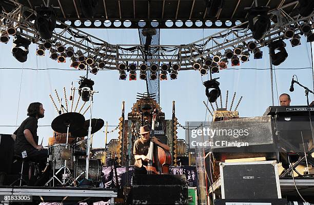 Drummer Billy Martin, Bassist Chris Wood and Keyboardist John Medeski, collectively known as Medeski Martin & Wood perform during the Rothbury Music...