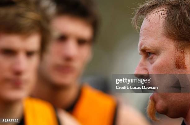 Simon Atkins coach of Werribee Tigers talks to his players during the round thirteen VFL match between the Werribee Tigers and Geelong at Bartercard...