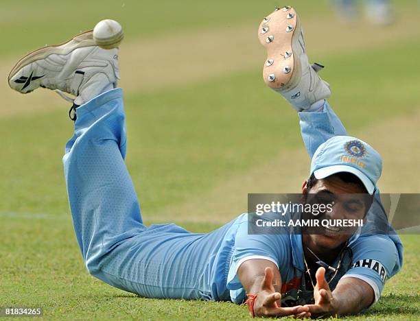 Indian cricketer R. P. Singh drops a catch off Sri Lankan batsman Sanath Jayasuriya during The Asia Cup final between India and Sri Lanka at The...