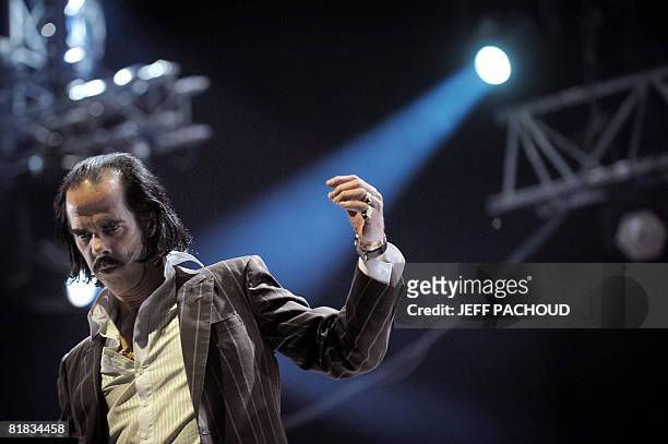 Artist Nick Cave performs on stage, 5 July 2008 in Belfort, eastern France, during the 20th edition of the French rock festival "Les Eurockeennes de...