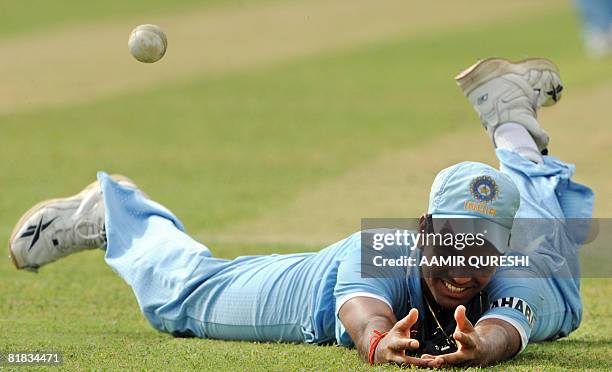 Indian cricketer R. P. Singh drops a catch off unseen Sri Lankan batsman Sanath Jayasuriya during The Asia Cup final between India and Sri Lanka at...