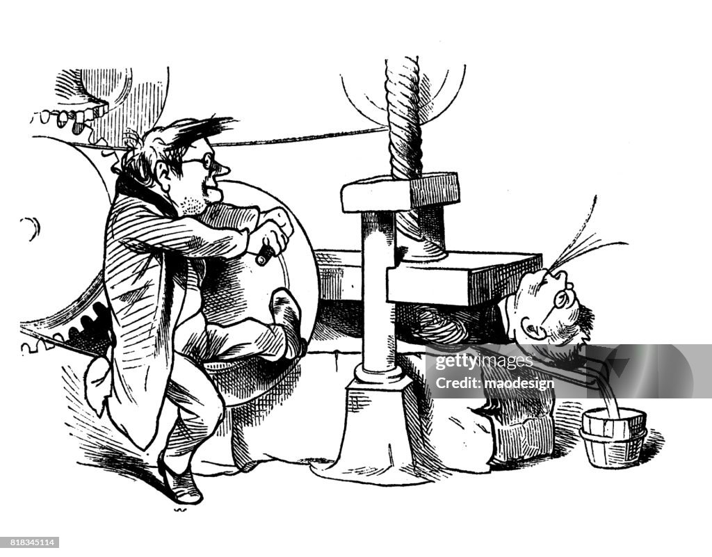 Chercheur exécute des tests sur un jeune homme et tortures lui dans une machine spéciale de lubrification. Scène avec humour -1867