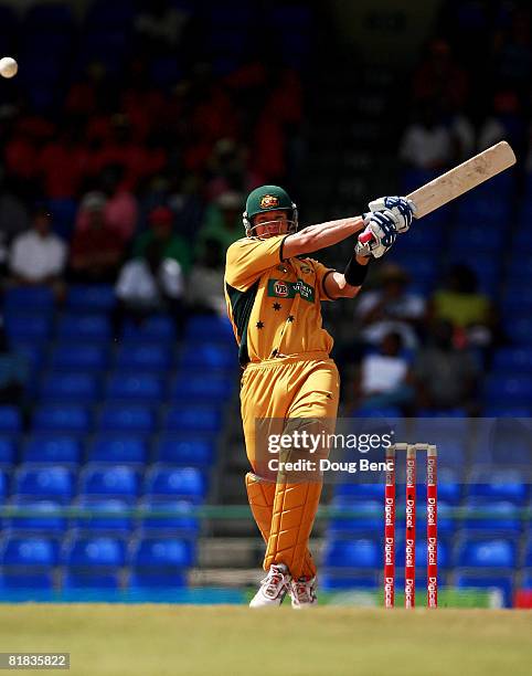 Shane Watson of Australia follows his four during the One-Day International game five match between Australia and West Indies at Warner Park on July...