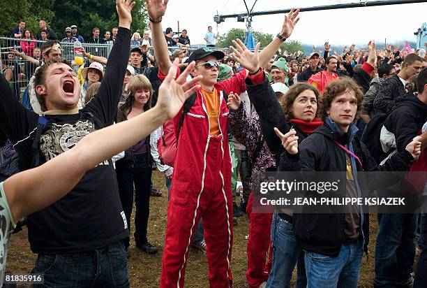 People attend the 20th edition of the French rock festival "Les eurockeennes de Belfort", on July 06, 2008 in Belfort, eastern France. The music...