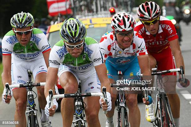 French Christophe Moreau , French David Le Lay , best climber Polka dot jersey French Thomas Voeckler and French team leader Sylvain Chavanel ride in...