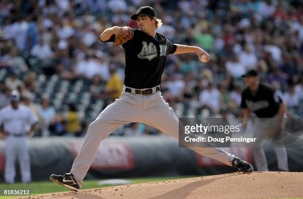 Starting pitcher Andrew Miller of the Florida Marlins delivers against the Colorado Rockies at Coors Field on July 3, 2008 in Denver, Colorado. The...