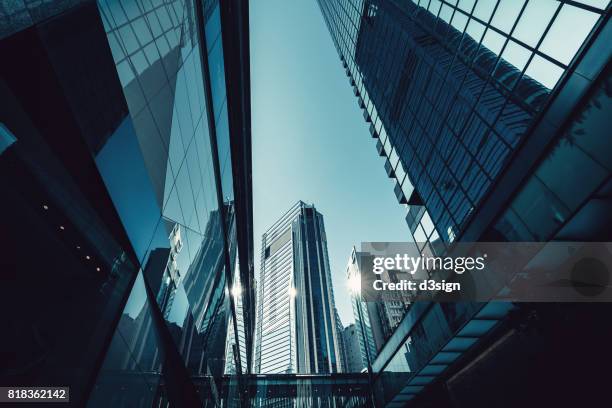 layers of contemporary financial skyscrapers in central business district, hong kong - stadscentrum hongkong stockfoto's en -beelden