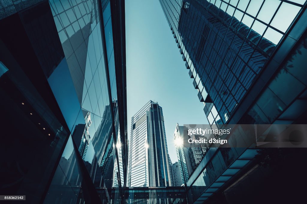 Layers of contemporary financial skyscrapers in Central Business District, Hong Kong