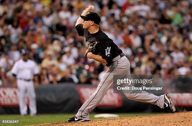 Pitcher Logan Kensing of the Florida Marlins delivers against the Colorado Rockies at Coors Field on July 3, 2008 in Denver, Colorado. The Rockies...