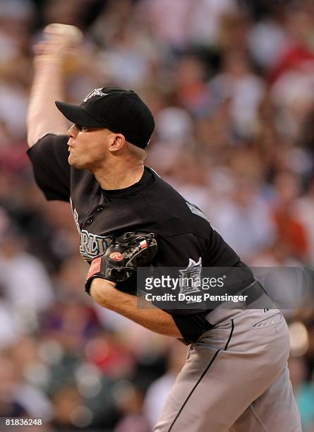 Pitcher Logan Kensing of the Florida Marlins delivers against the Colorado Rockies at Coors Field on July 3, 2008 in Denver, Colorado. The Rockies...
