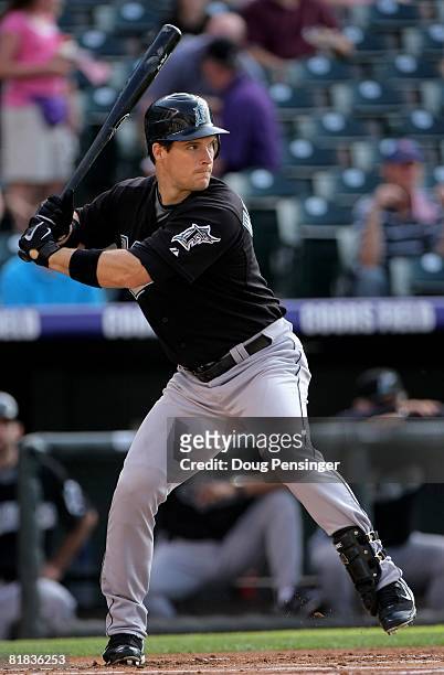 Josh Willingham of the Florida Marlins takes an at bat against the Colorado Rockies at Coors Field on July 3, 2008 in Denver, Colorado. The Rockies...