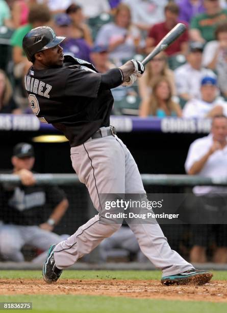 Hanley Ramirez of the Florida Marlins takes an at bat against the Colorado Rockies at Coors Field on July 3, 2008 in Denver, Colorado. The Rockies...