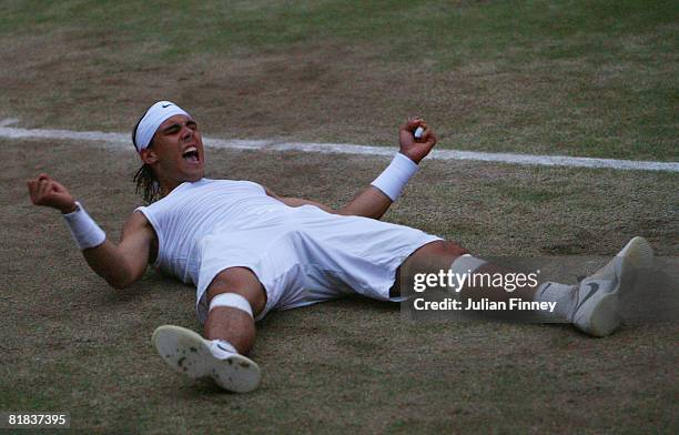 Rafael Nadal of Spain celebrates winning match point and the Championship during the men's singles Final match against Roger Federer of Switzerland...