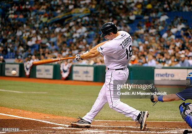 Infielder Ben Zobrist of the Tampa Bay Rays bats against the Kansas City Royals on July 6, 2008 at Tropicana Field in St. Petersburg, Florida. The...