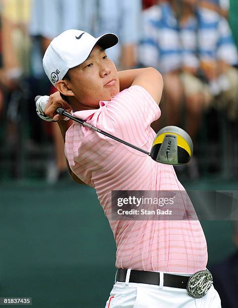 Anthony Kim hits from the first tee box during the final round of the AT&T National held on the Blue Golf Course at Congressional Country Club on...