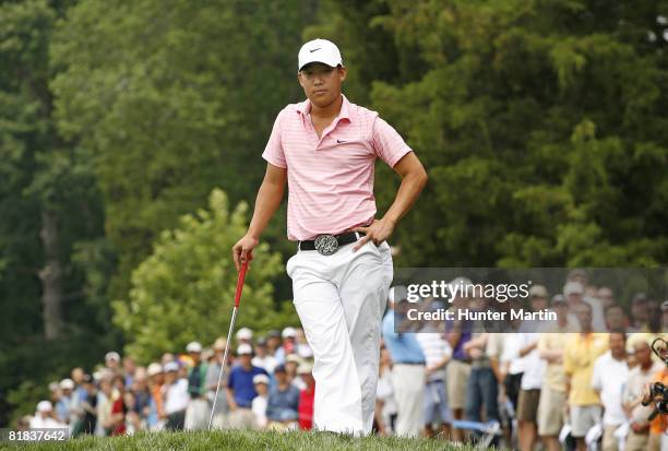 Anthony Kim waits to putt on the 15th hole during the final round of the AT&T National at Congressional Country Club on July 6, 2008 in Bethesda,...