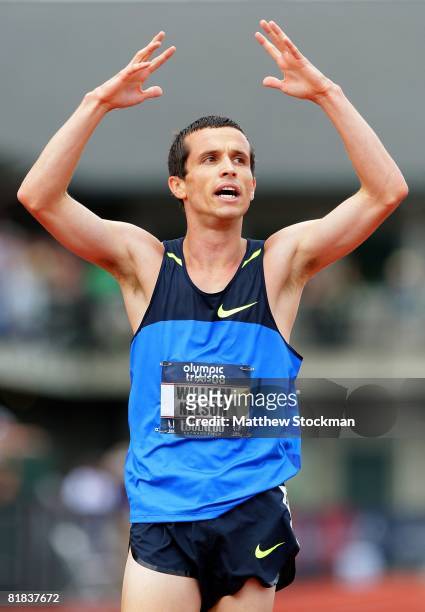 William Nelson celebrates winning the silver medal as he crosses the line in the men's 3,000 meter steeplechase finals during day seven of the U.S....