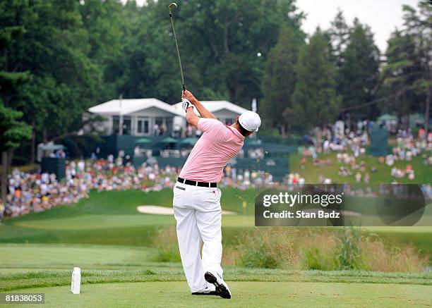 Anthony Kim hits from the 10th tee box during the final round of the AT&T National held on the Blue Golf Course at Congressional Country Club on July...