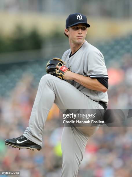 Bryan Mitchell of the New York Yankees delivers a pitch against the Minnesota Twins during the game on July 17, 2017 at Target Field in Minneapolis,...