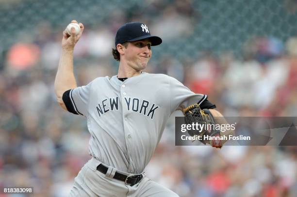 Bryan Mitchell of the New York Yankees delivers a pitch against the Minnesota Twins during the game on July 17, 2017 at Target Field in Minneapolis,...