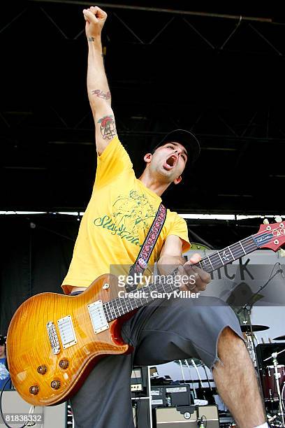 Guitar player Jon Schneck of Relient K performs during the Van's Warped Tour at the Verizon Wireless Amphitheater on July 5, 2008 in San Antonio,...