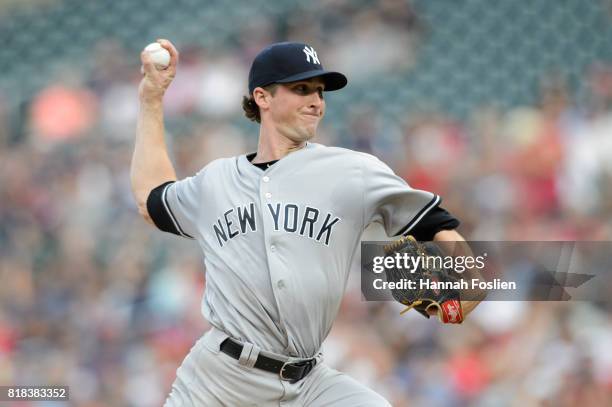 Bryan Mitchell of the New York Yankees delivers a pitch against the Minnesota Twins during the game on July 17, 2017 at Target Field in Minneapolis,...