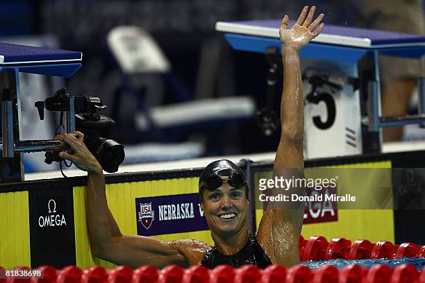 Dara Torres celebrates her win in the final of the 50 meter freestyle and setting a new American record of 24.25 during the U.S. Swimming Olympic...
