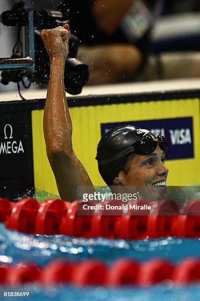 Dara Torres celebrates her win in the final of the 50 meter freestyle and setting a new American record of 24.25 during the U.S. Swimming Olympic...