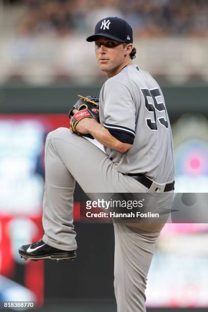 Bryan Mitchell of the New York Yankees delivers a pitch against the Minnesota Twins during the game on July 17, 2017 at Target Field in Minneapolis,...