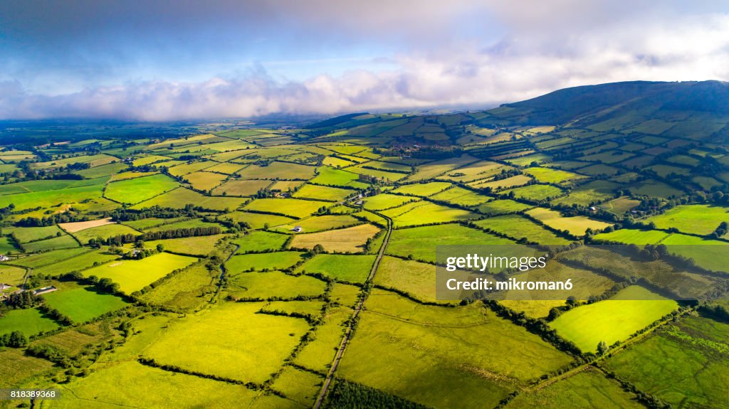 Aerial view of Irish rural scene on sunny summer day in Tipperary fields.