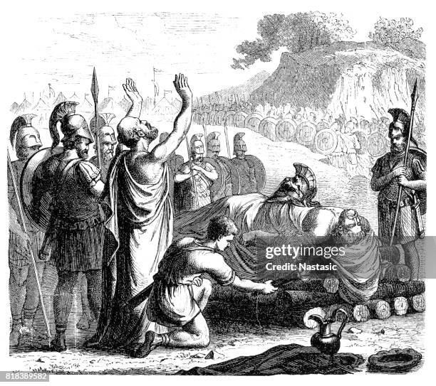 funeral rites following the battle of coronea (also known as the first battle of coronea) - artifact icon stock illustrations