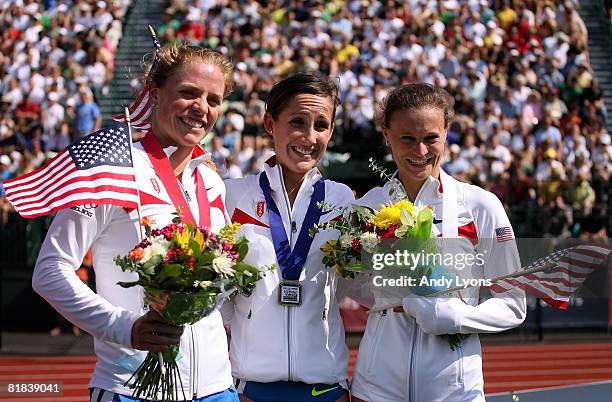 Silver medalist Erin Donohue, gold medalist Shannon Rowbury and bronze medalist Christin Wurth pose after the women's 1,500 meter final during day...