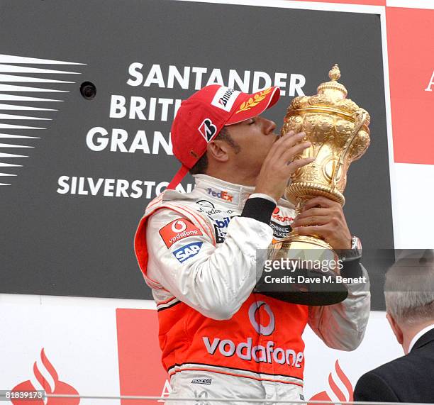 Lewis Hamilton celebrates at the British F1 Grand Prix on July 6, 2008 in London, England.