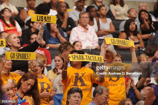 Fans of the Los Angeles Sparks cheer during the game against the Phoenix Mercury on July 6, 2008 at Staples Center in Los Angeles, California. NOTE...