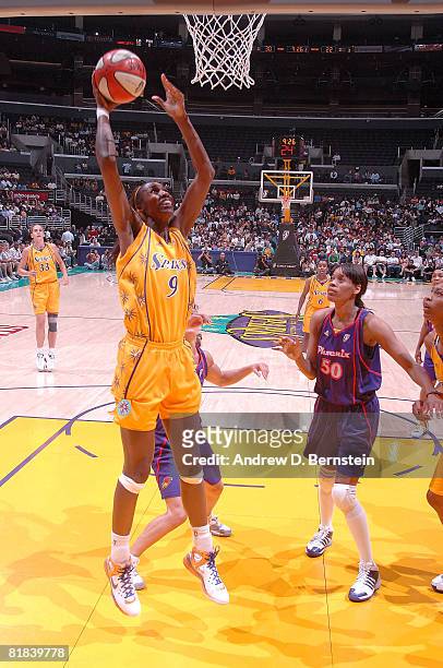 Lisa Leslie of the Los Angeles Sparks goes up for two points during the game against the Phoenix Mercury on July 6, 2008 at Staples Center in Los...