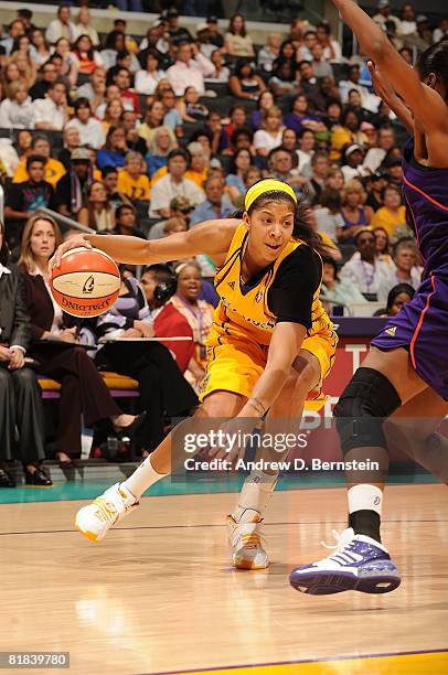 Candace Parker of the Los Angeles Sparks drives the ball during the game against the Phoenix Mercury on July 6, 2008 at Staples Center in Los...