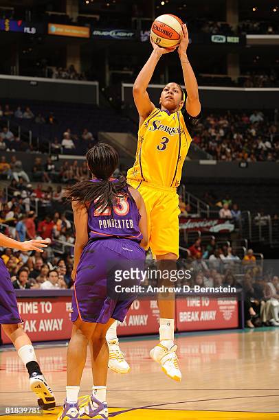 Candace Parker of the Los Angeles Sparks shoots over Cappie Pondexter of the Phoenix Mercury on July 6, 2008 at Staples Center in Los Angeles,...