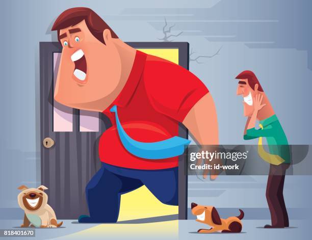 fat man stuck in doorway - foundation crack stock illustrations