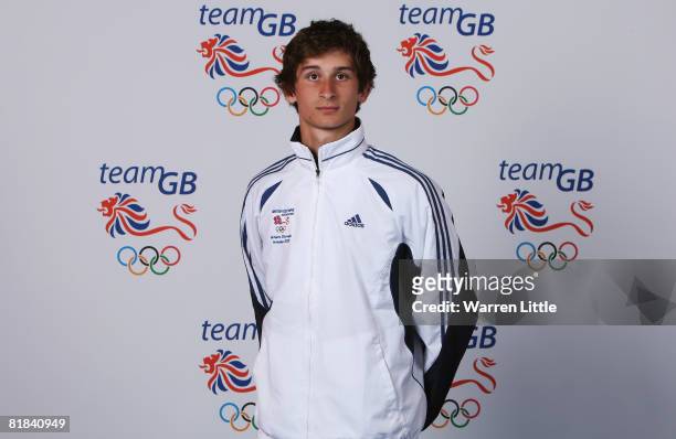 British Olympic Modern Pentathlon team member James Cook poses for a photograph during the Team GB Kitting Out at the NEC on July 4, 2008 in...