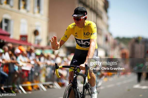 Christopher Froome of Great Britain riding for Team Sky in the leader's jersey rides to the start of stage 16 of the 2017 Le Tour de France, a 165km...