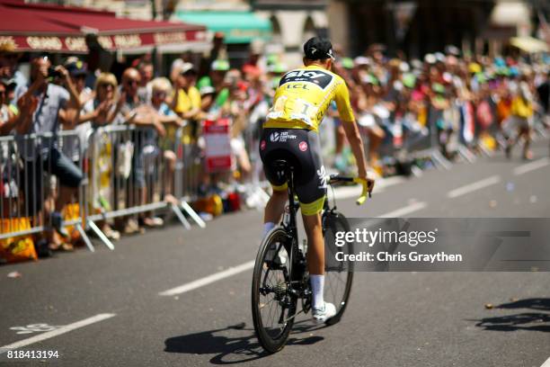 Christopher Froome of Great Britain riding for Team Sky in the leader's jersey rides to the start of stage 16 of the 2017 Le Tour de France, a 165km...