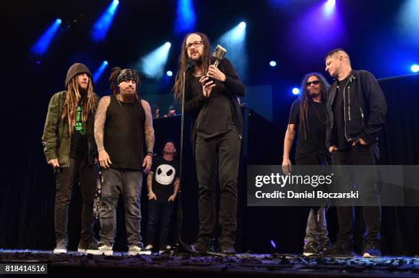 James "Munky" Shaffer, Reginald "Field" Arvizu, Jonathan Davis, Brian "Head" Welch and Ray Luzier of Korn attend the 2017 Alternative Press Music...