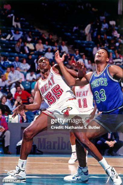 Billy Thompson of the Miami Heat boxes out against the Minnesota Timberwolves at the Miami Arena in Miami, Florida circa 1991. NOTE TO USER: User...