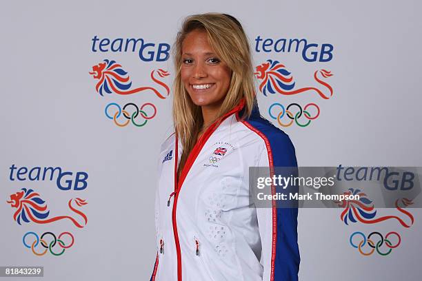 Synchronised swimmer Jenna Randall of the British Olympic Team poses for a photograph during the team GB kitting out at the NEC on July 7 2008 in...